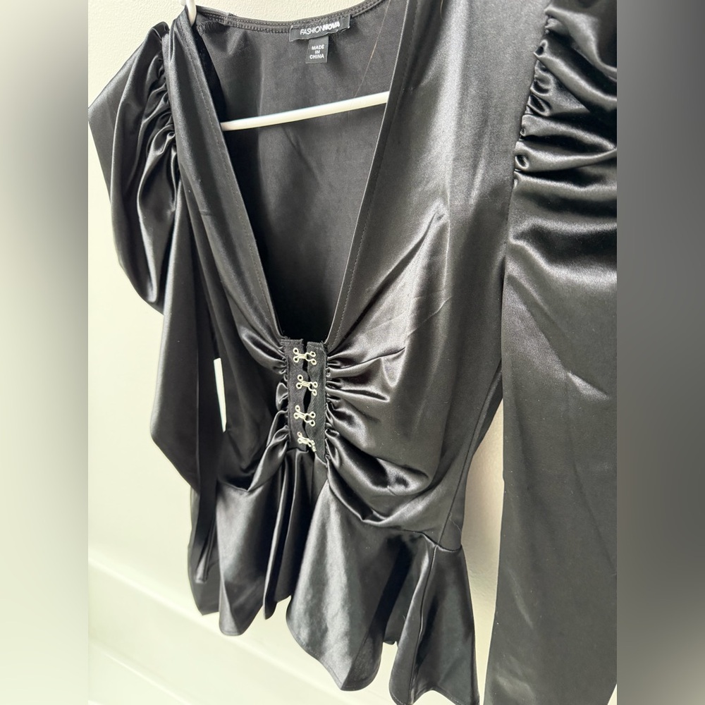 Fashion Nova Black Satin Long Sleeve Dress